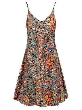 Printed Paisley V-Neck Spaghetti Strap Dress - Multicolor